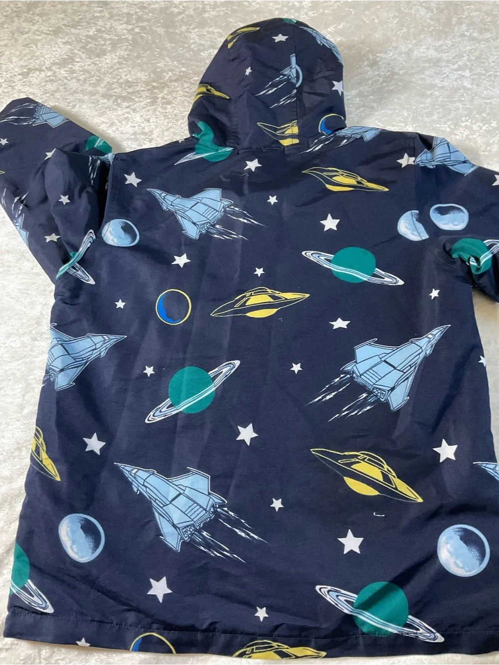 Gymboree Navy Space-Themed Hooded Raincoat with Yellow & Teal Accents